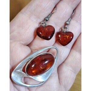 VTG AMBER MODERNIST 925 STERLING SILVER BROOCH + Heart Dangle Earrings